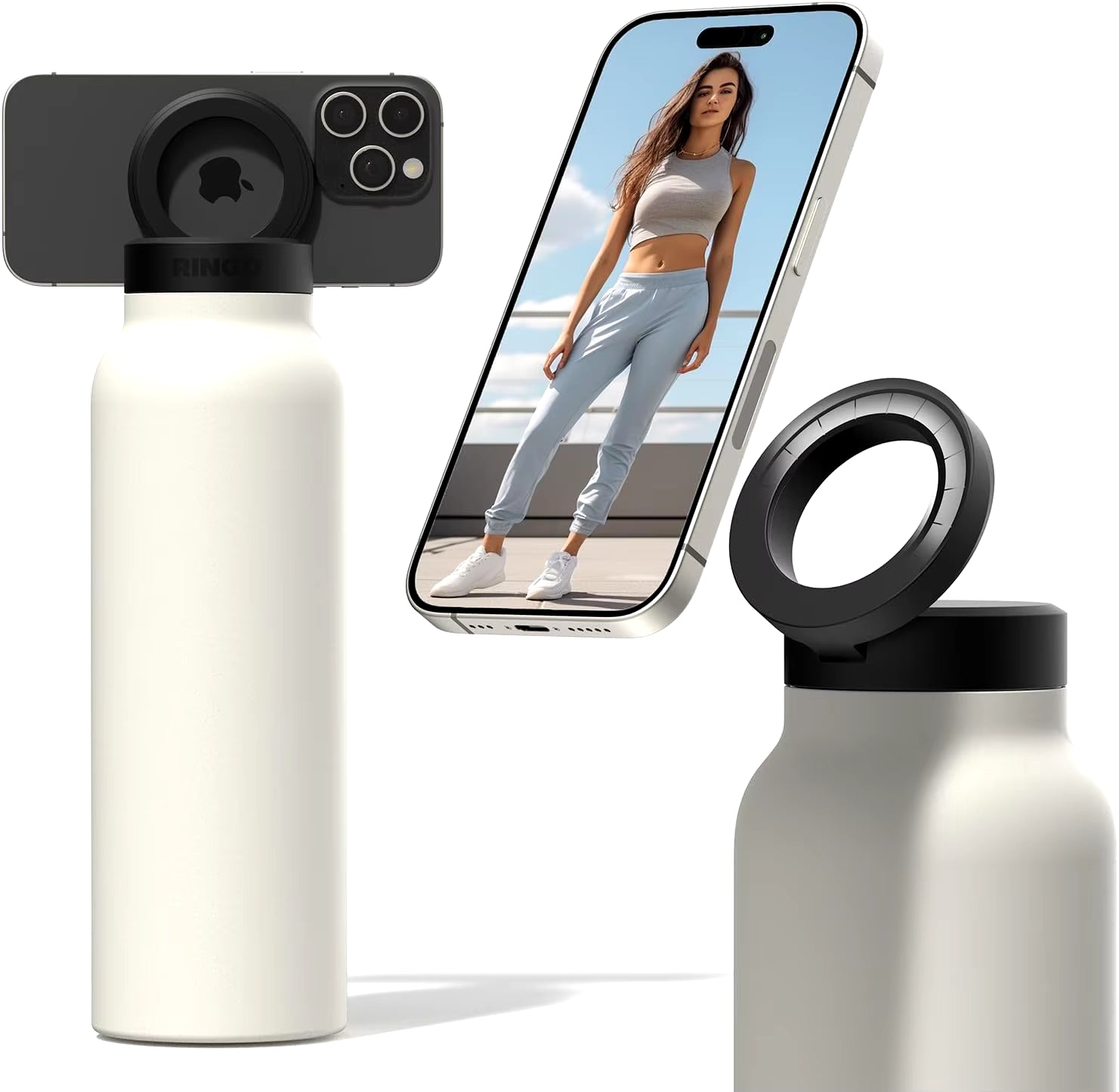 Stainless Steel Insulated Water Bottle with MagSafe Compatibility and Integrated Phone Holder Tripod