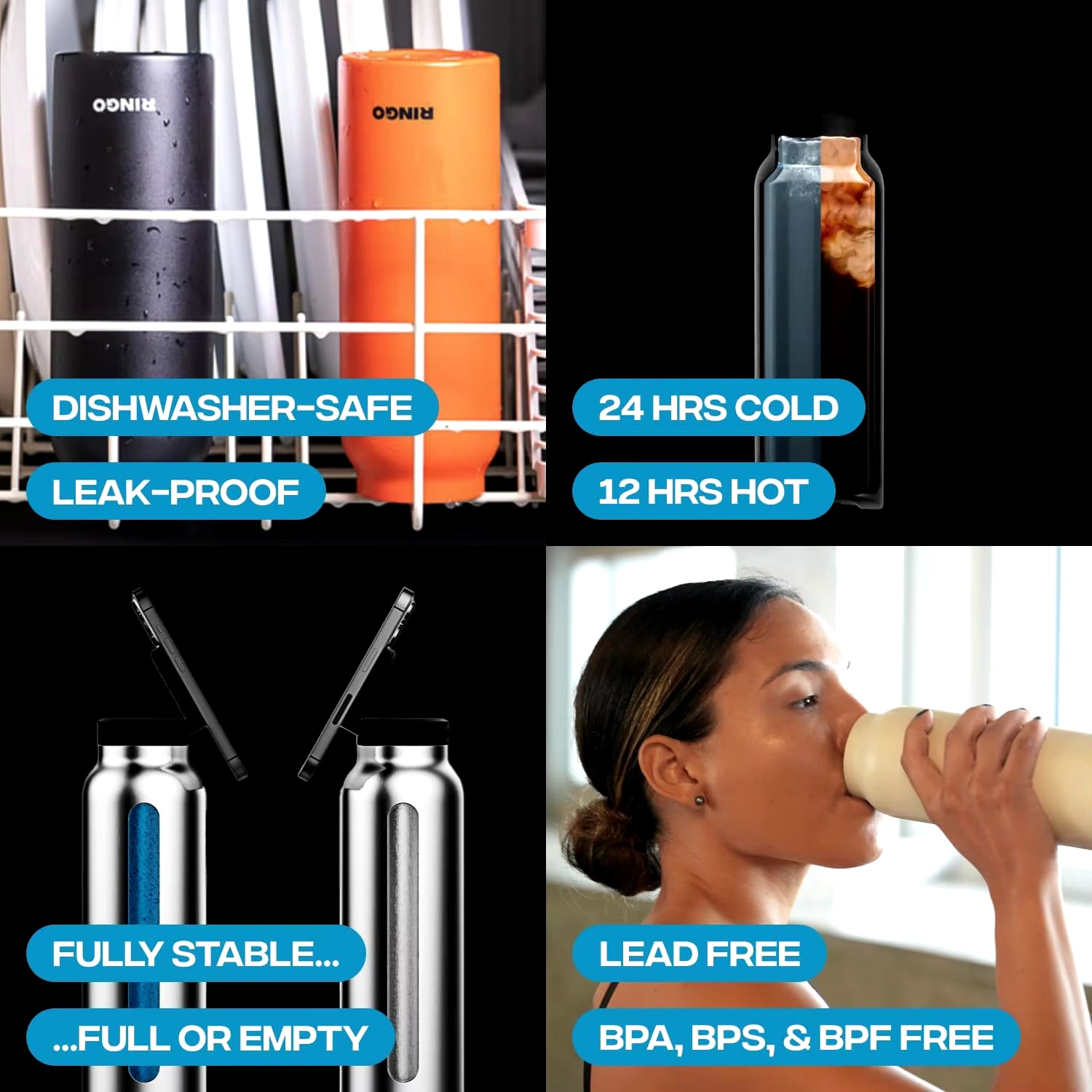 Stainless Steel Insulated Water Bottle with MagSafe Compatibility and Integrated Phone Holder Tripod