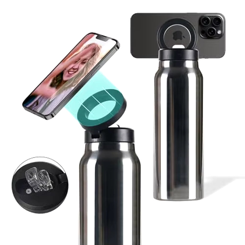 Stainless Steel Insulated Water Bottle with MagSafe Compatibility and Integrated Phone Holder Tripod
