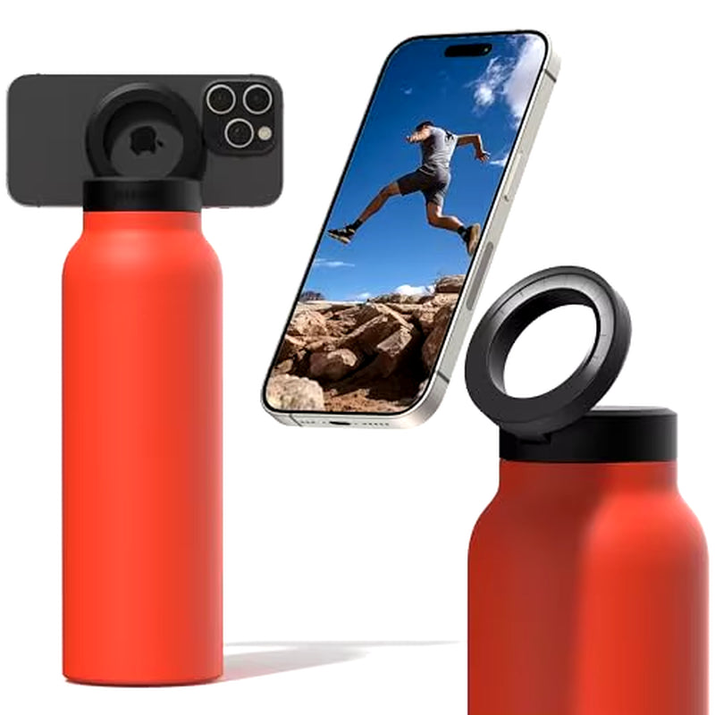 Stainless Steel Insulated Water Bottle with MagSafe Compatibility and Integrated Phone Holder Tripod