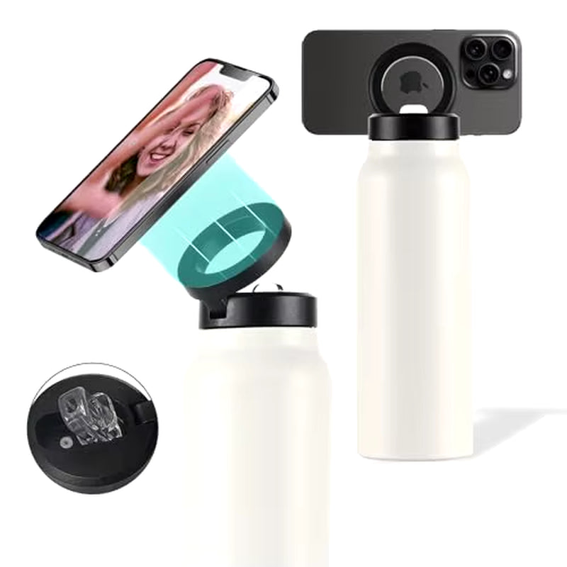 Stainless Steel Insulated Water Bottle with MagSafe Compatibility and Integrated Phone Holder Tripod