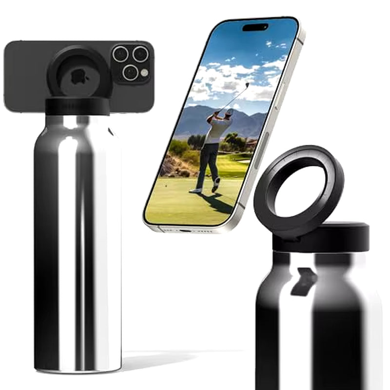 Stainless Steel Insulated Water Bottle with MagSafe Compatibility and Integrated Phone Holder Tripod