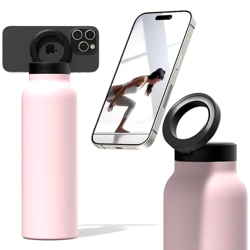 Stainless Steel Insulated Water Bottle with MagSafe Compatibility and Integrated Phone Holder Tripod