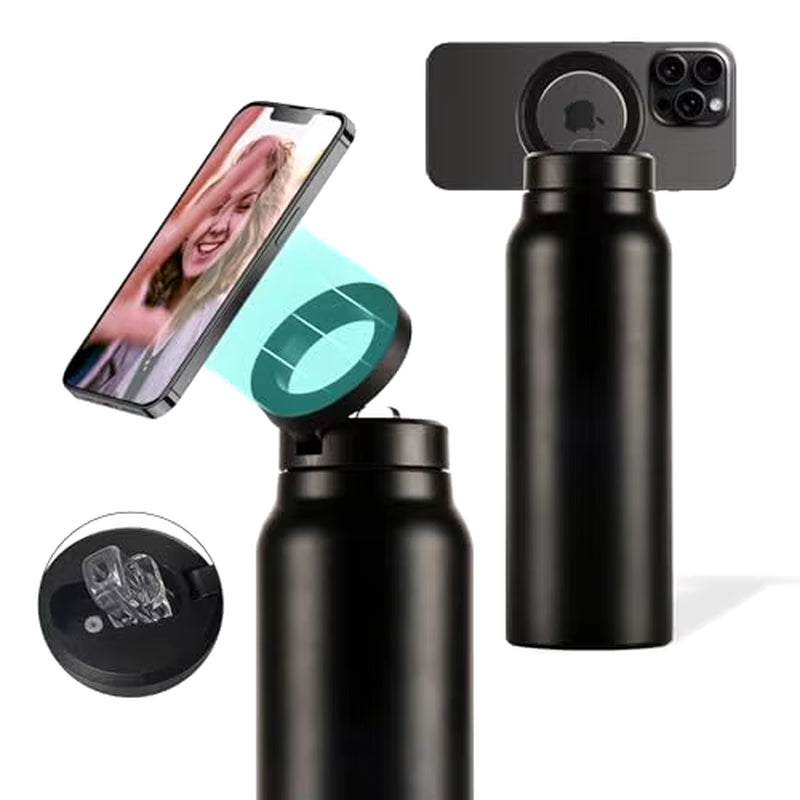 Stainless Steel Insulated Water Bottle with MagSafe Compatibility and Integrated Phone Holder Tripod