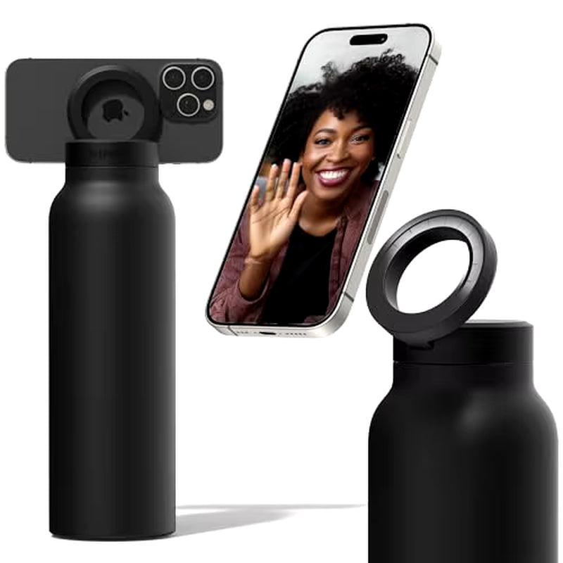 Stainless Steel Insulated Water Bottle with MagSafe Compatibility and Integrated Phone Holder Tripod