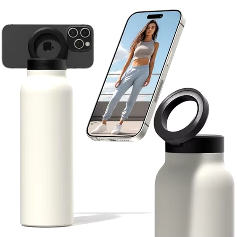 Stainless Steel Insulated Water Bottle with MagSafe Compatibility and Integrated Phone Holder Tripod