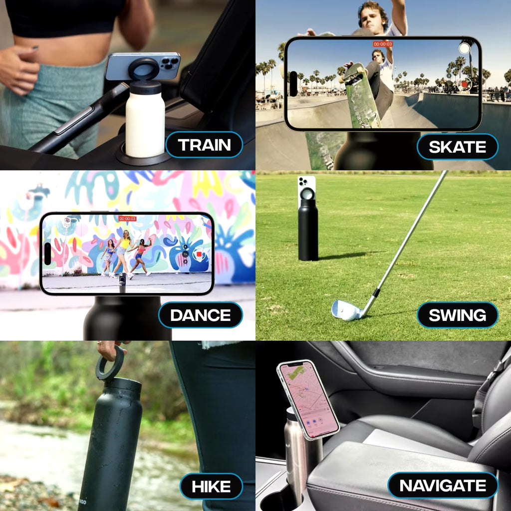 Stainless Steel Insulated Water Bottle with MagSafe Compatibility and Integrated Phone Holder Tripod