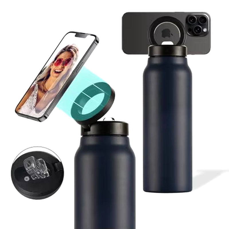 Stainless Steel Insulated Water Bottle with MagSafe Compatibility and Integrated Phone Holder Tripod