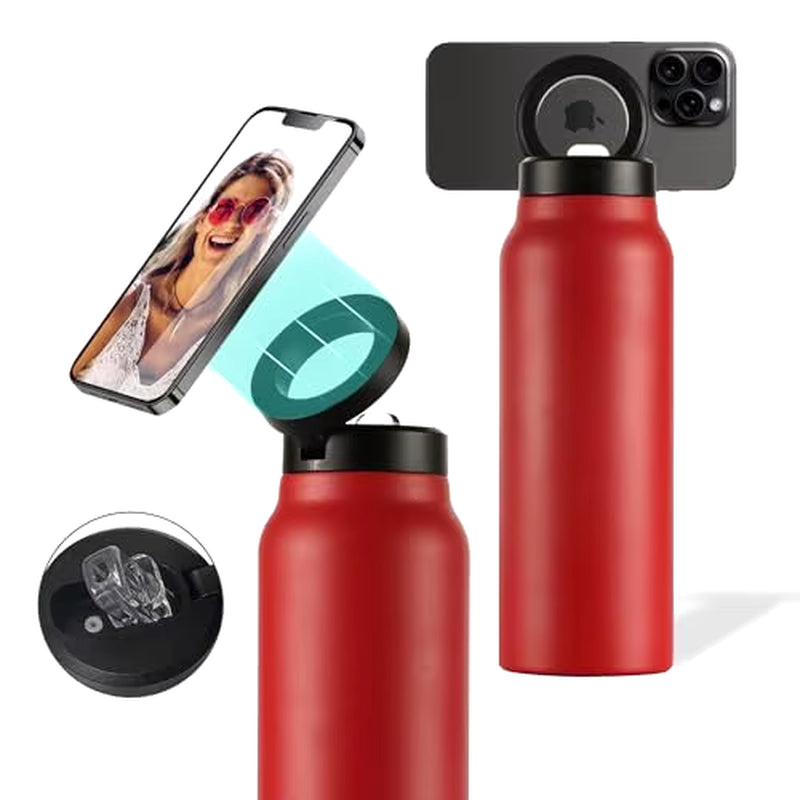 Stainless Steel Insulated Water Bottle with MagSafe Compatibility and Integrated Phone Holder Tripod