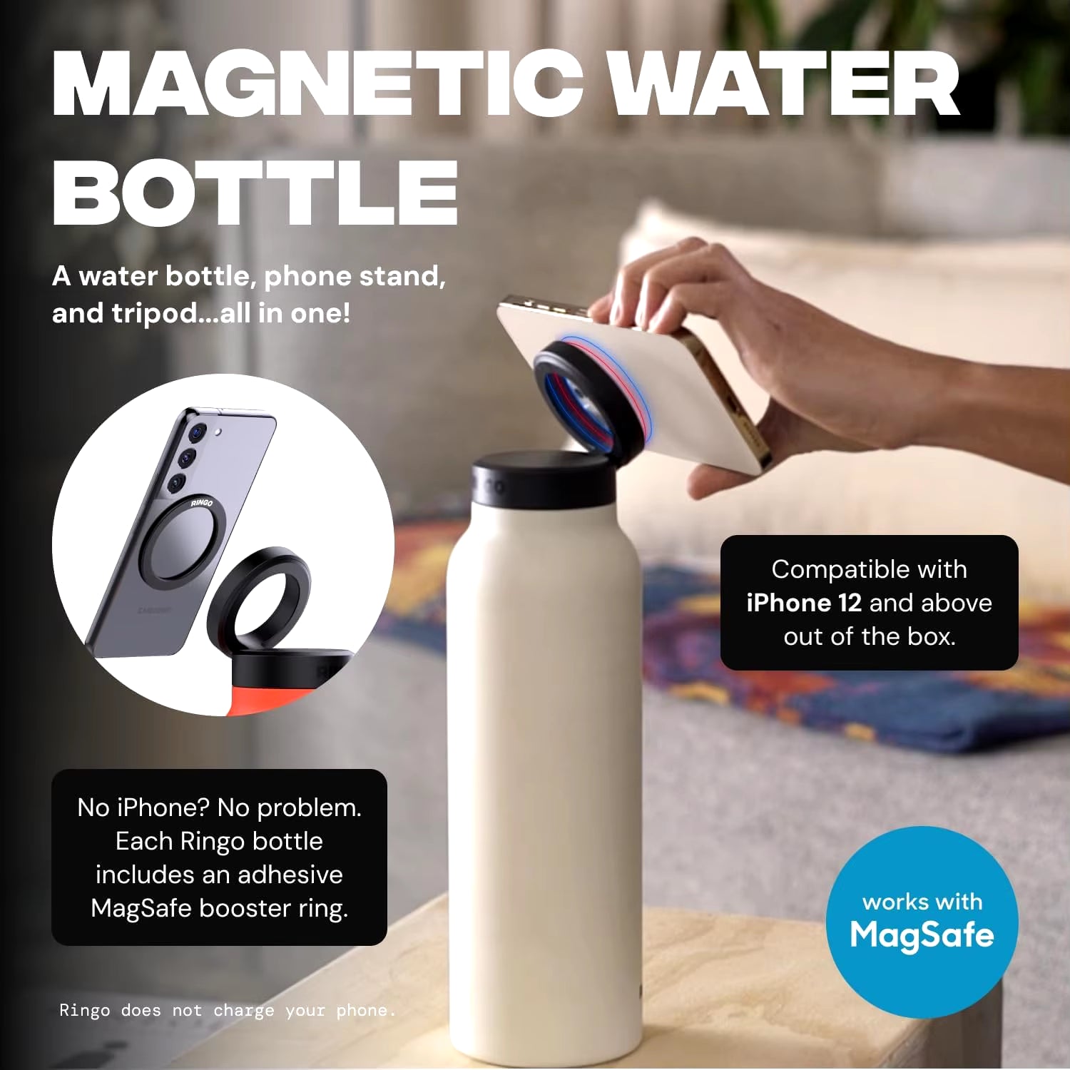 Stainless Steel Insulated Water Bottle with MagSafe Compatibility and Integrated Phone Holder Tripod